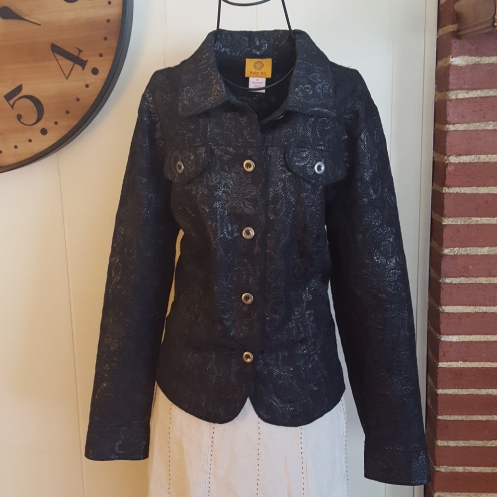 Ruby Rd. Floral Print Black Button Jacket - image 1